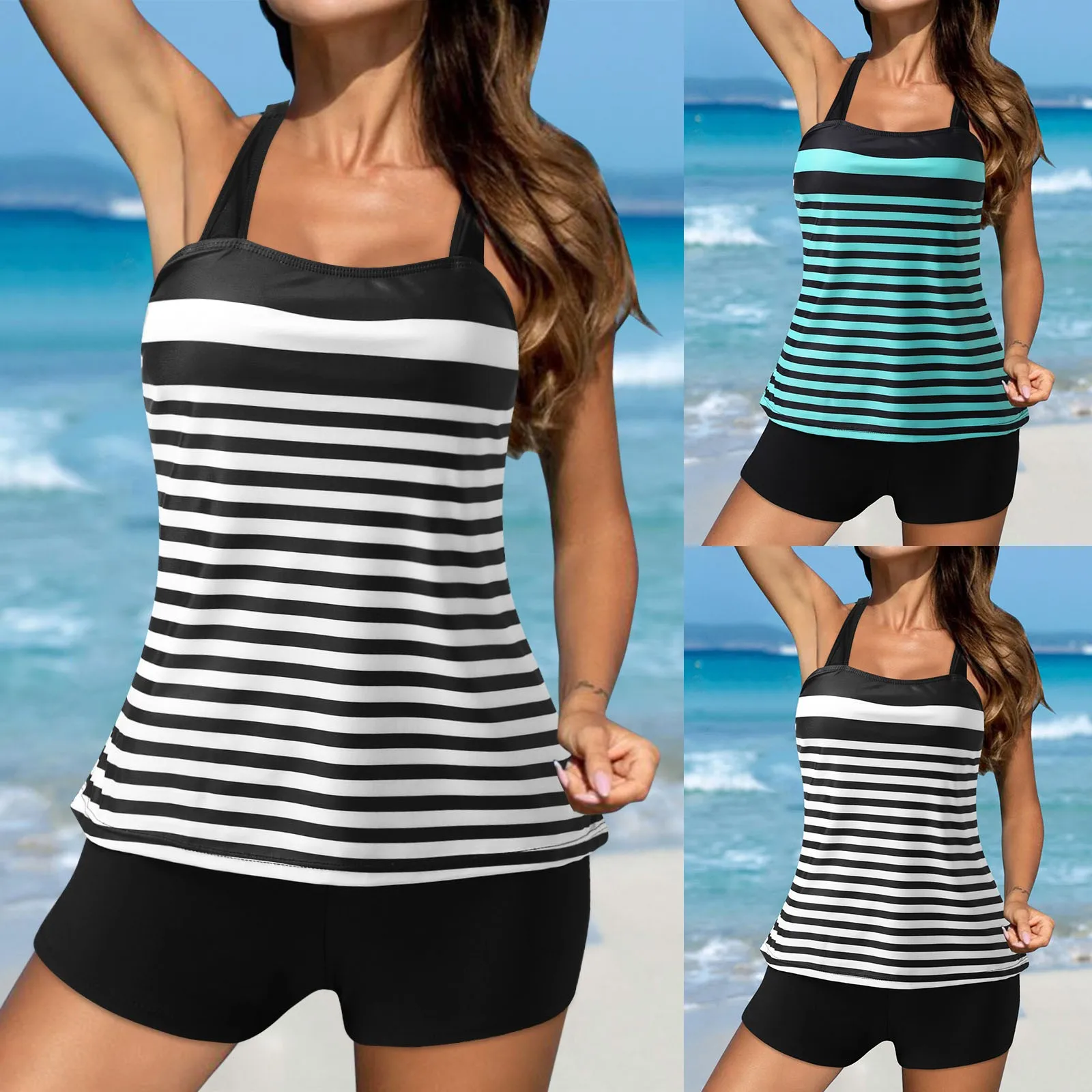 

Американское бикини для женщин, женский полосатый купальник на лямках с принтом, голубой костюм, американский размер, бикини для женщин, 1 шт...