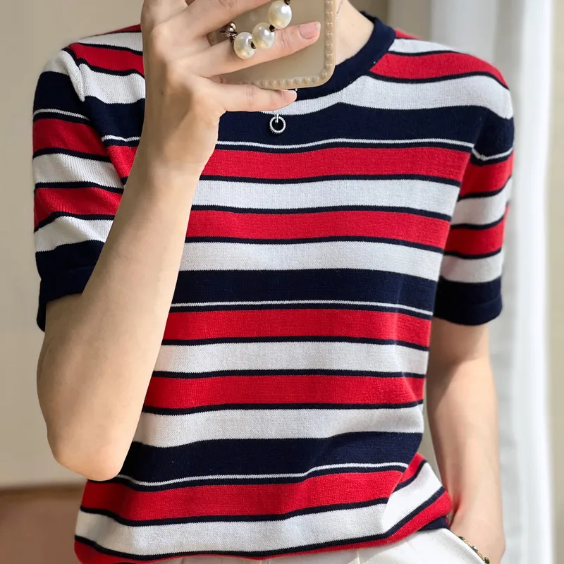 

Summer New Short-Sleeve Women O-Neck Slim 100% Cotton Striped Pullover Vest t-Shirt Knitted Base Casual Comfortable Sweater
