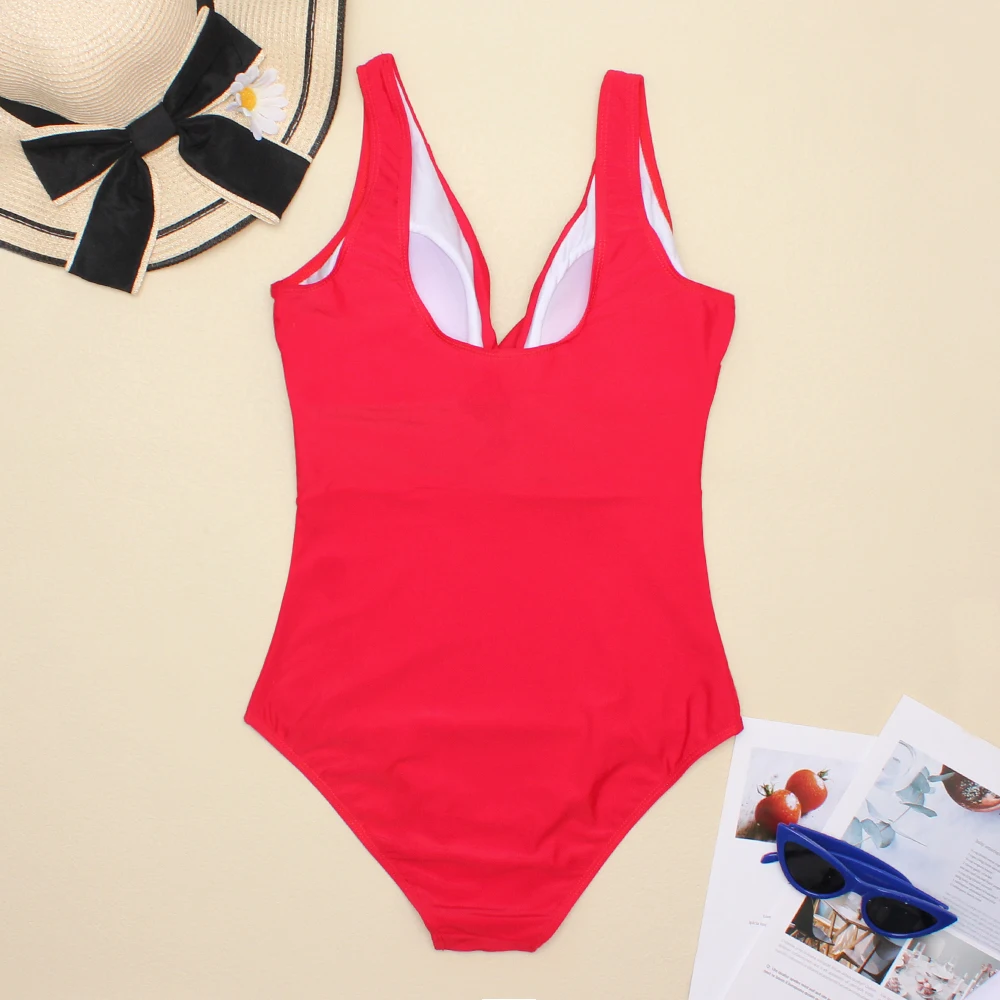 Однотонный Цельный купальник женский красный боди с V-образным вырезом летний