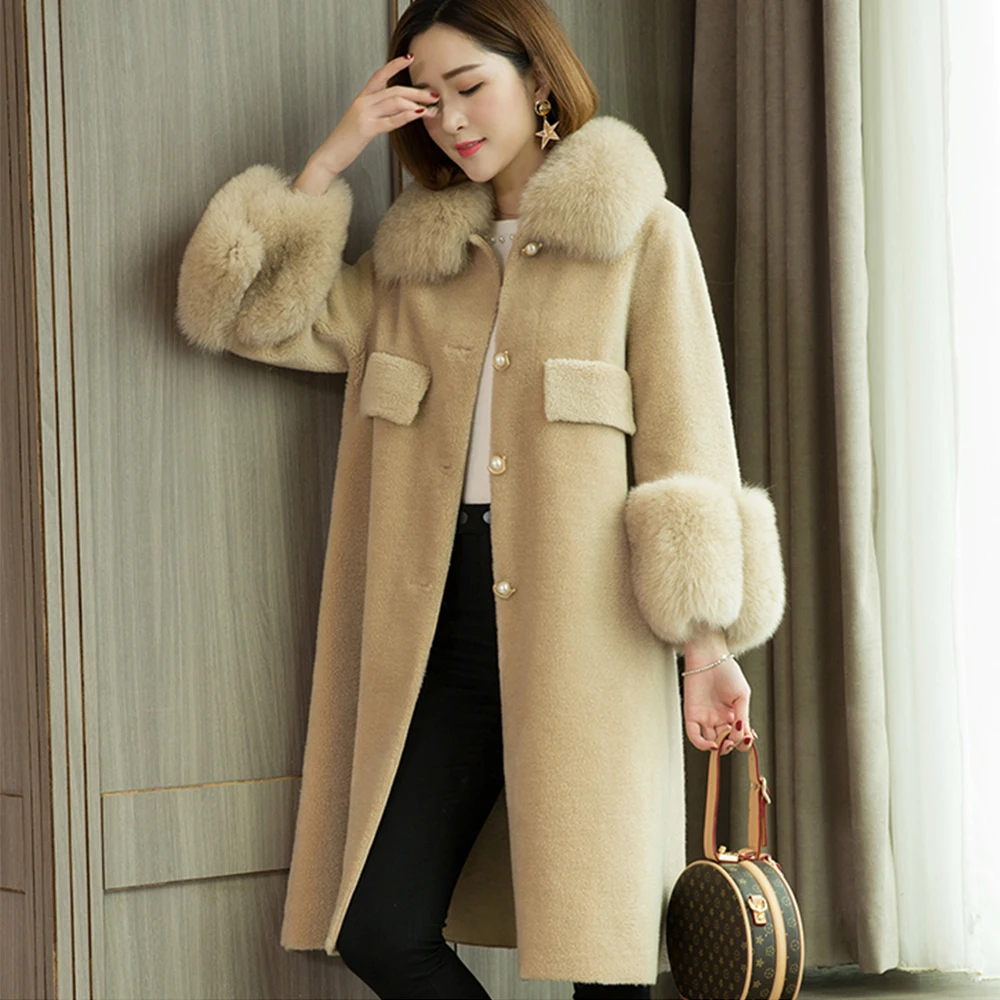 Furyoume Women Winter Jacket Casual Real Granule Sheep Shearing Coat Natural Fox Fur Collar Streetwear Thick Warm Outerwear