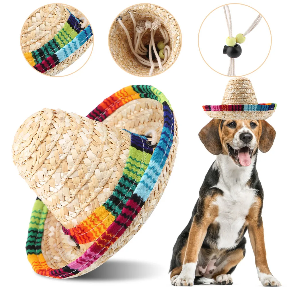 

Mini Straw Sombrero Party Hat with Cotton Rope Adjustment Outdoor Sun Hat for Small Pets/Puppy/Cat