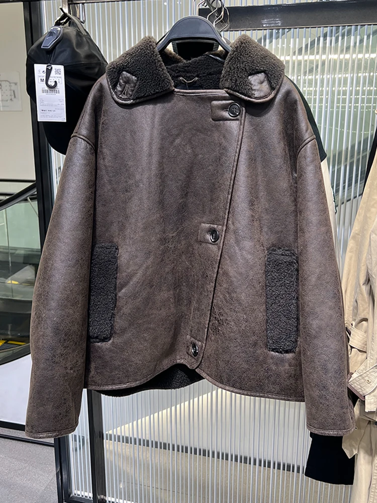 

FTLZZ New Autumn Winter Women Loose Faux Lamb Leather Jacket Streetwear Single Breasted Fake Suede Fur Coat Thick Warm Outwear