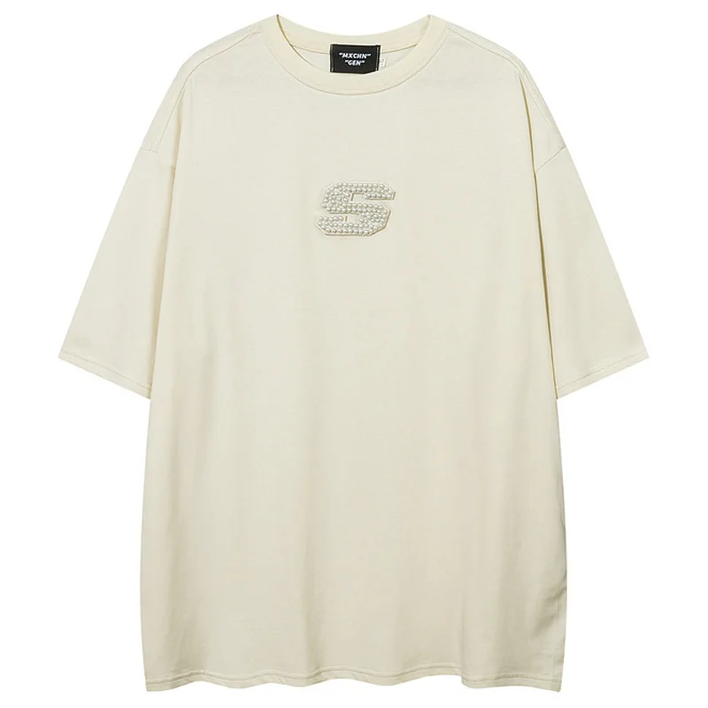 

Vintage Pearl Patch T-Shirt 2023 Summer Retro Embroidery T Shirt For Men 100%Cotton Harajuku Top Tees Men Couple Streetwear ropa