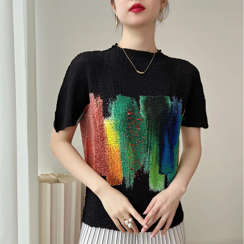 

Женская плиссированная рубашка миаке, разноцветная летняя футболка составного кроя с круглым вырезом и коротким рукавом, дышащие мягкие топы, новинка 2023