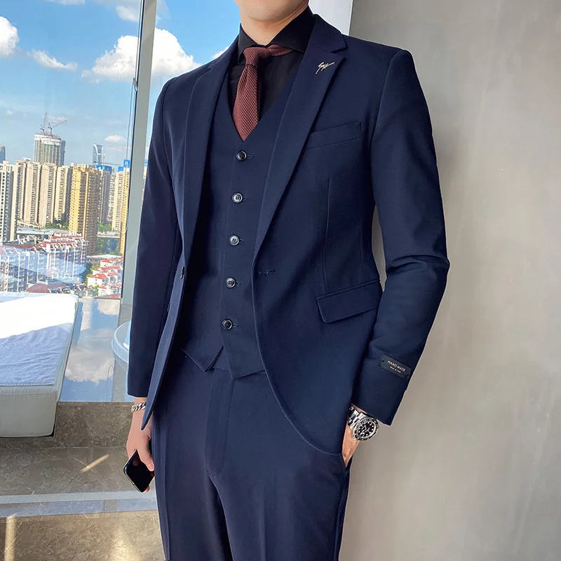 

( Jacket+Vest+Pants )3-piece Male Formal Business Solid Color for Men's Fashion Boutique Bridegroom Wedding Dress Suit