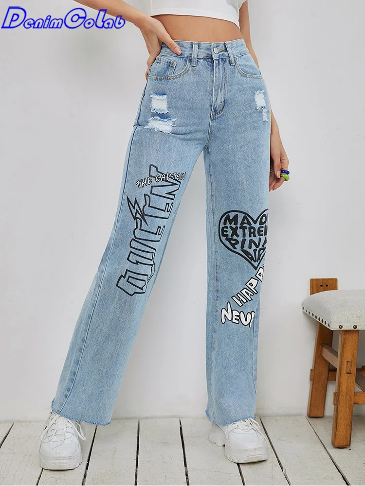 

Джинсы Denimcolab женские с дырками, уличная одежда с принтом надписи, прямые брюки с завышенной талией, свободные рваные джинсы