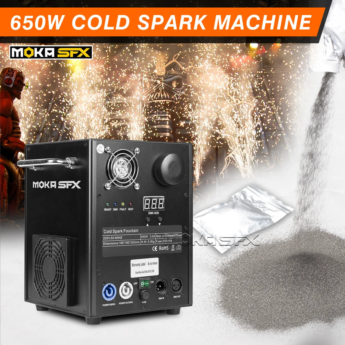 MOKA SFX 650W Cold Spark Machine DMX 512 Remote Control Sparkler Firework Machine Non-Pyrotechnic Effect for Stage Wedding Show