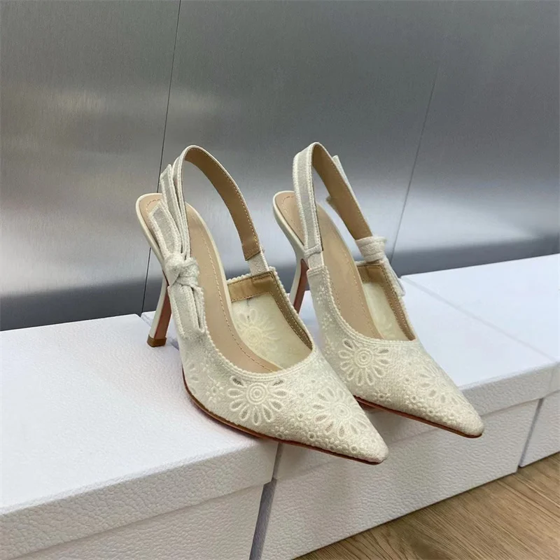 

Women Thin High Heels Designer Brand Woman Lace Flower Butterfly Knot Pumps Fashoin Female Summer Runway Party Dress Shoes