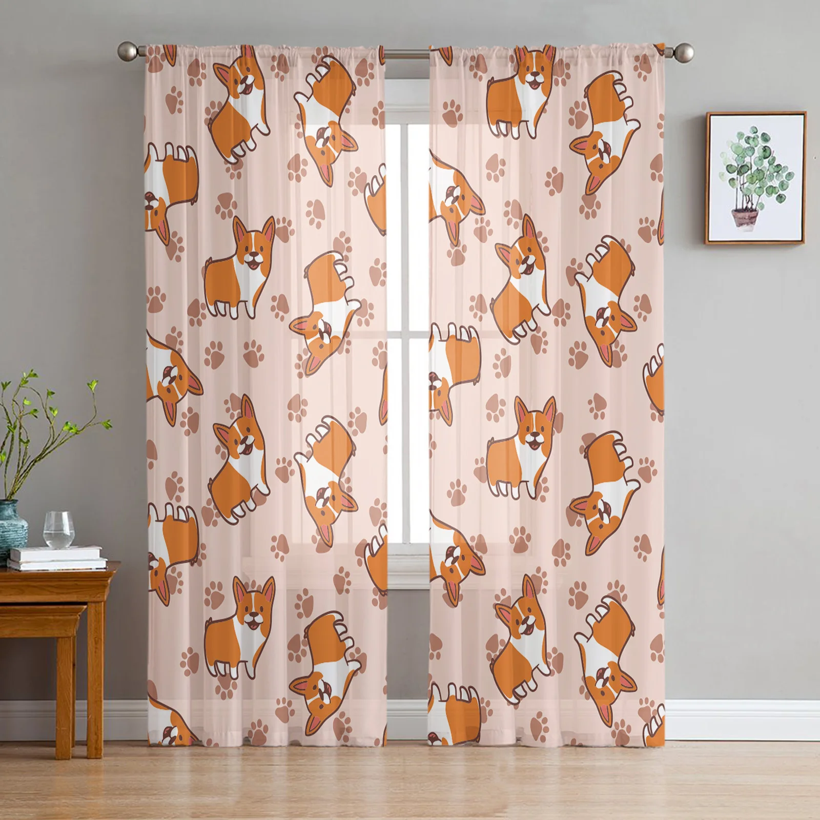 

Cartoon Pet Corgi Dog Cute Sheer Curtain for Living Room Bedroom Voile Drape Kitchen Window Tulle Curtains Home Essentials