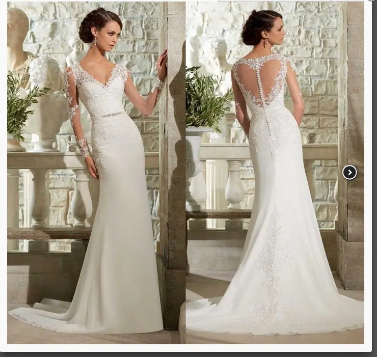 

Latest Hot Sale long sleeve v-neck Lace illusion Back Appliques Beaded Bridal Gowns cheap Bride vestido de noiva Wedding dresses