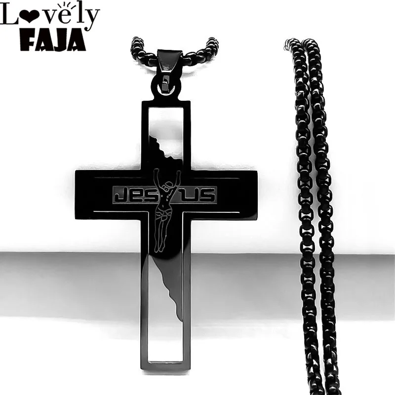 

2022 Jesus Cross Gothic Stainless Steel Necklace Women Black Color Pendant Religious Necklaces Jewelry collier homme N4292S03
