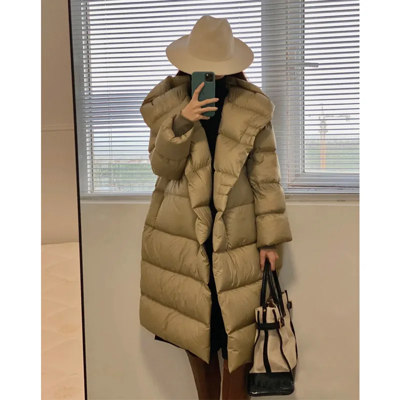Long Over Knee Down Jacket Women Thick Loose Thin White Duck Down Hoodie Coat Winter Puffer Jacket