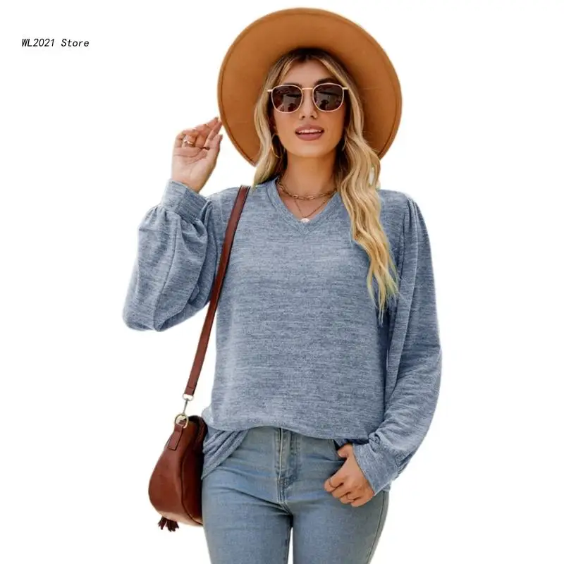 

Женский плиссированный пуловер с пышными длинными рукавами, туника, топ с V-образным вырезом, повседневные свободные футболки