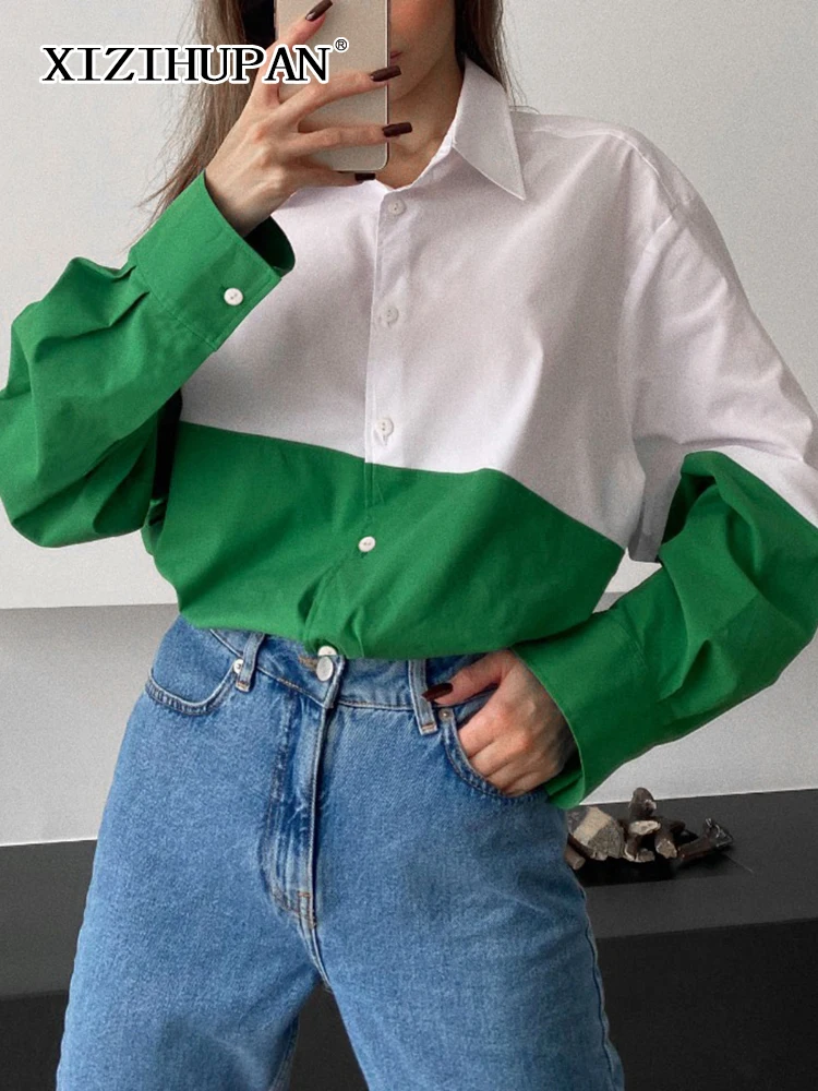 

XIZIHUPAN Casual Colorblock Shirt For Women Lapel Collar Long Sleeve Button Through Loose Blouses Female Spring Clothing Fashion