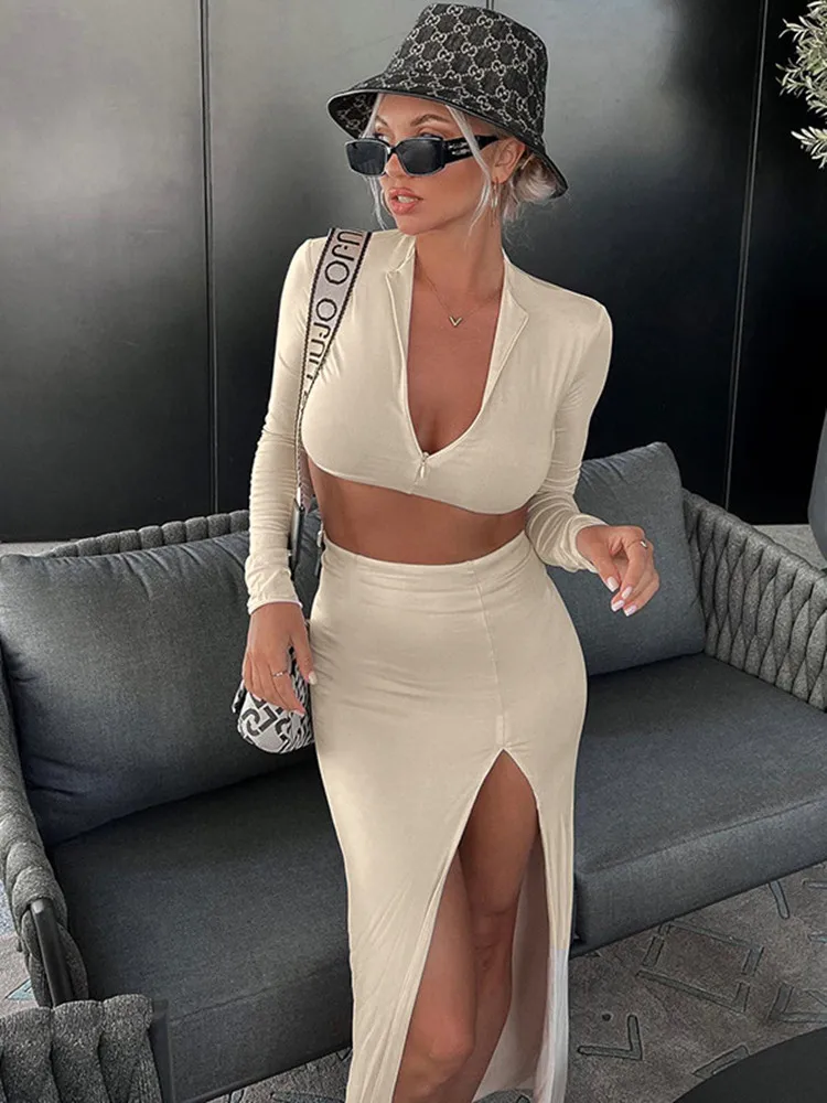 

hirigin Women Bandage 2 Two Piece Set Long Sleeve Zippers Crop Top And Midi Skirts Fashion Streetwear Casual Party Outfits