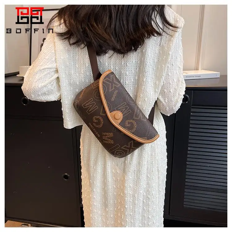 BOFFIN 2023 Retro Letter Printing Single Shoulder Crossbody Bag Luxury Women's Pu Bag Simple Fashionable Small Square Bags