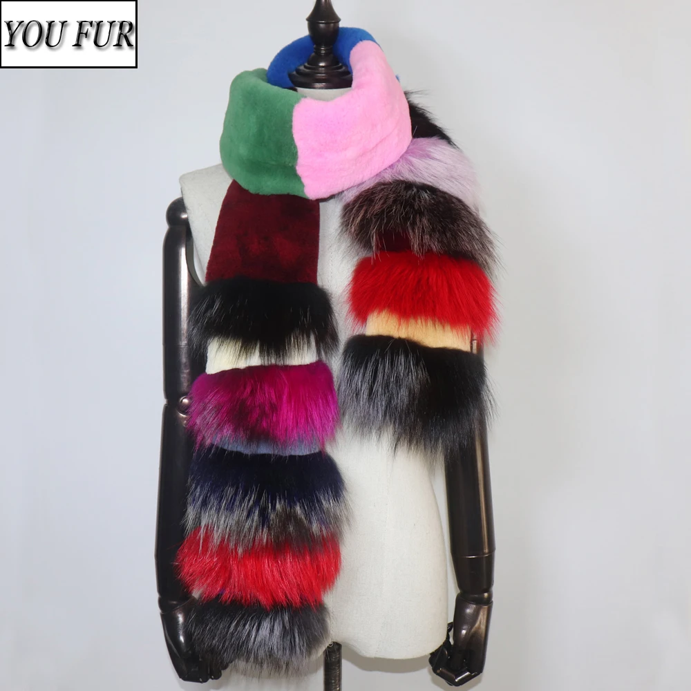 

2023 New Women Fashion Colorful Real Fur Scarf Natural Warm Long Rex Rabbit Fur Scarves Lady Thick Real Fox Fur Mufflers