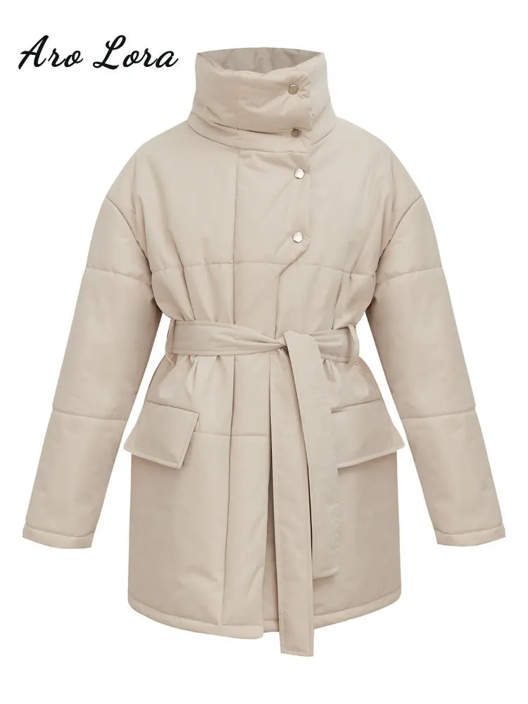 Women's Winter Stand Collar Parkas Tie Waist Coats for Women Casual Solid Puffer Jackets Female 2022 Warm Down Jacket Streetwear