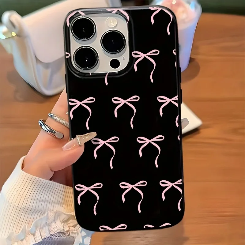 Фото Черно-розовый чехол для телефона с ручной росписью в виде банта для iPhone 17, 16, 15, 14, 13, 12, 11 Pro Max Plus, противоударный, с защитой объектива, антиударный №3