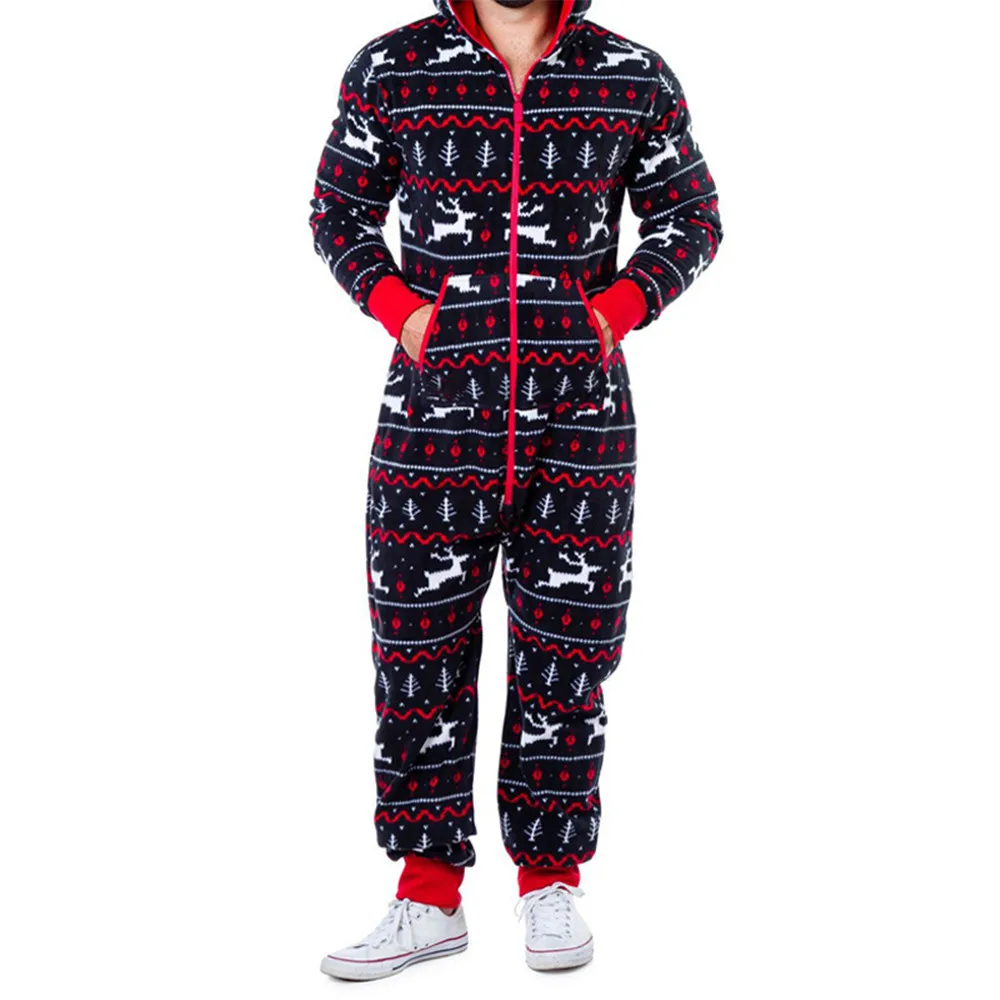 Christmas Sleepwear Men Autumn Winter Warm Elk Snowman Print Long Sleeve Pajamas Jumpsuit Leisure Soft Home Clothes
