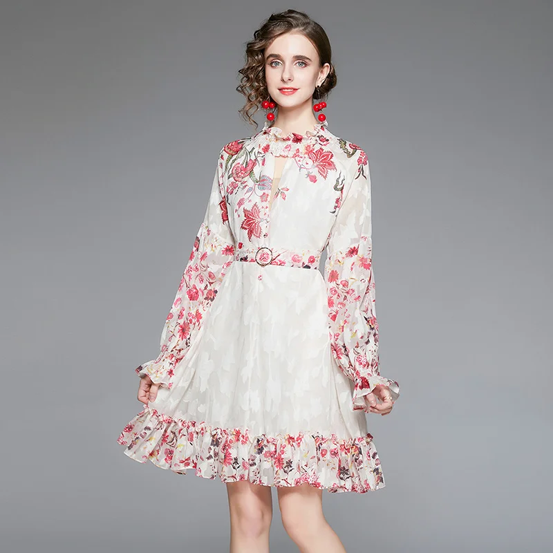 

Vintage Print Lantern Long Sleeve Dresses Woman Splicing Regular Chic Vestido Midi Elegante Women Dress Free Shipping Lady Dress