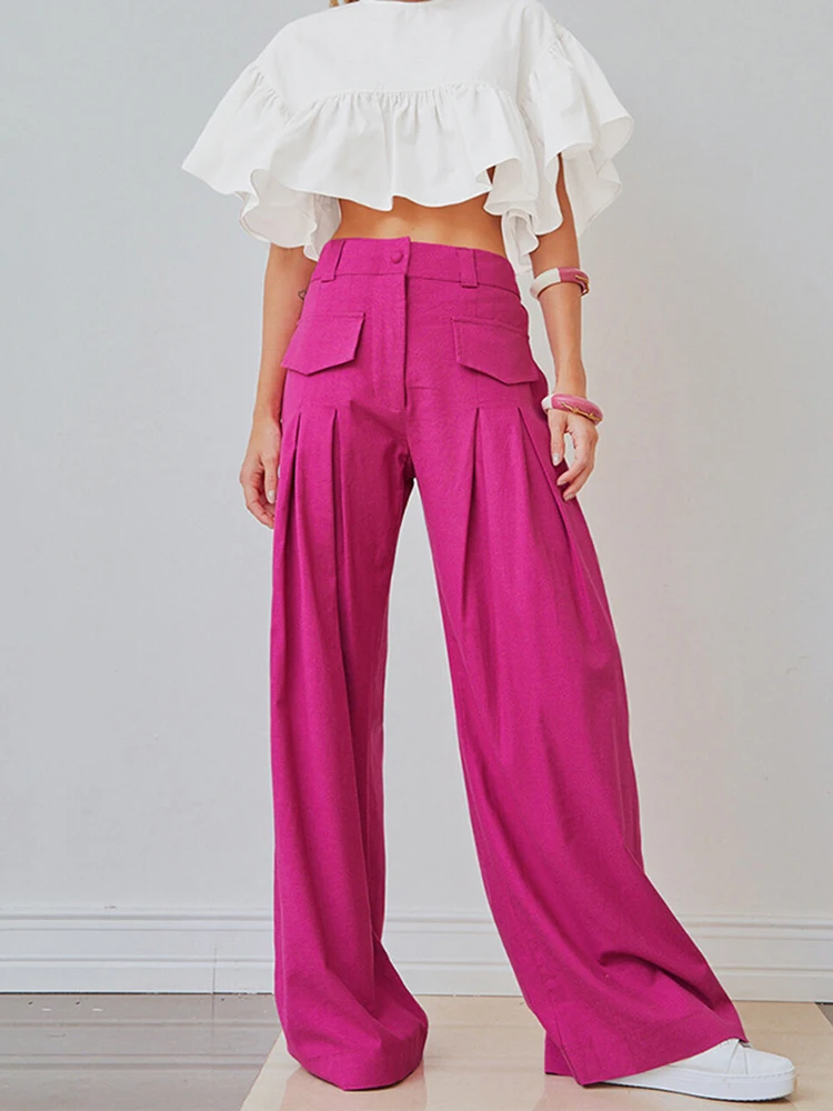 

KBAT Linen Pink Pants Women Casual Pleated High Waist Wide Leg Pants Summer Solid Pocket Long Trousers Woman Fashion Vacation