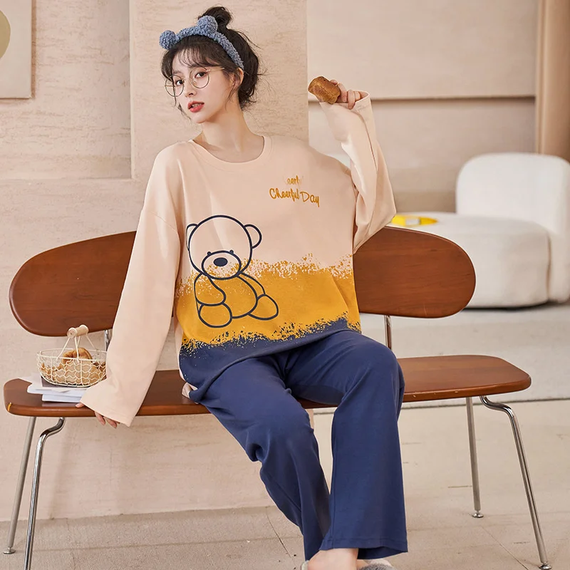 Autumn Pajamas Set Casual Sleepwear For Women Elastic Sweet Cartoon Pyjama Women's Fashion Homewear Clothes Big Size