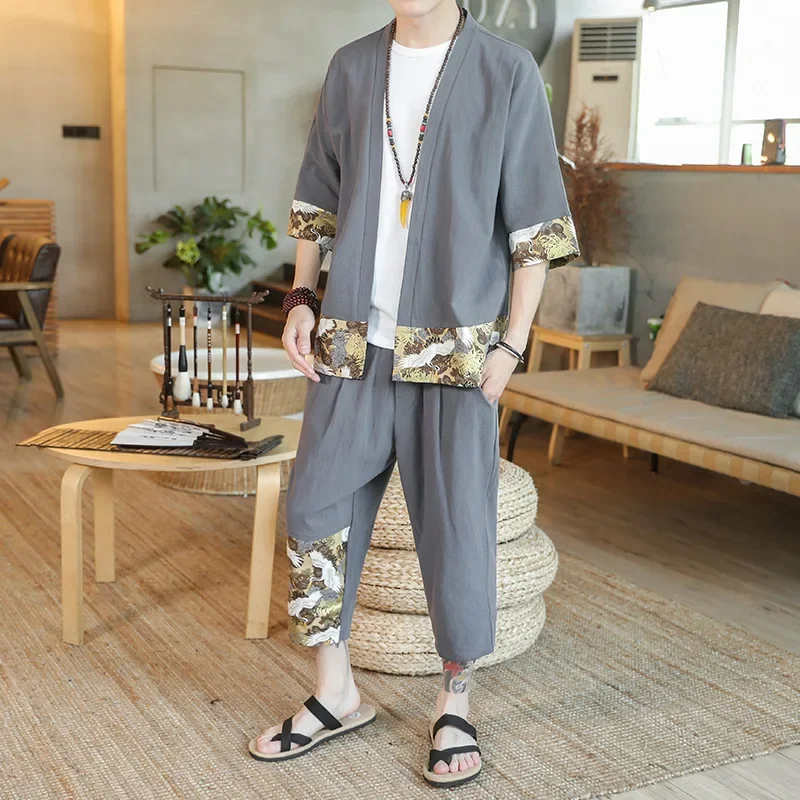 Vintage Chinese Style Men's Loose Fit Casual Jacquard Tang Suit Trendy Cotton Linen Two-piece Short Sleeves