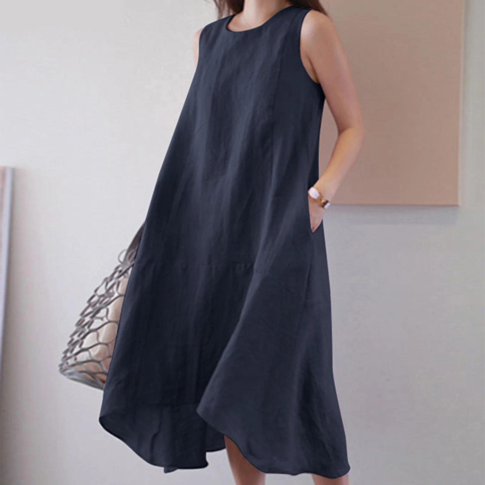 

2023 Summer Womem Dress Large Swing Cotton Linen Casual Midi Dress Round Neck Solid Color Fashion Vintage Female Vestidos