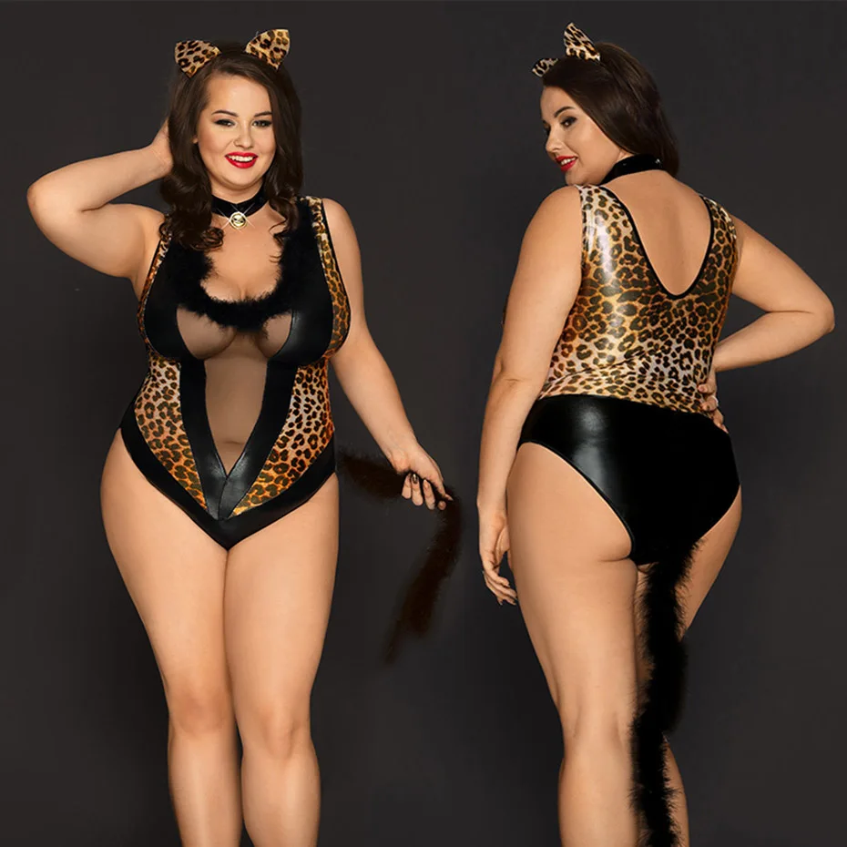 

JSY High Quality Women's Leopard Print One-piece Sexy Uniform European and American Cat Girls Play Sexy Lingerie with Tail