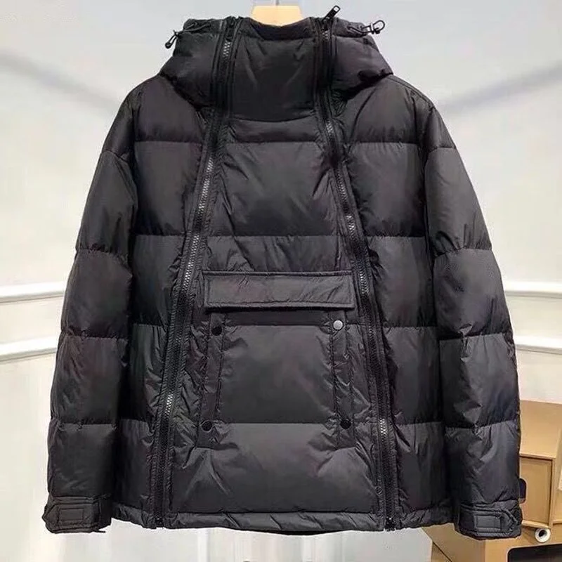 Hooded Parka Down Cotton Coat Black Double Zipper Pullover G