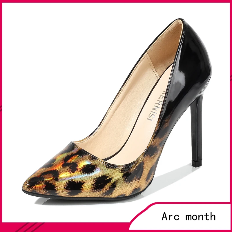 

Sexy Patent Leather Pointed Toe Pumps 11cm Leopard Print Black Shiny High Heels Formal Dress Shoes