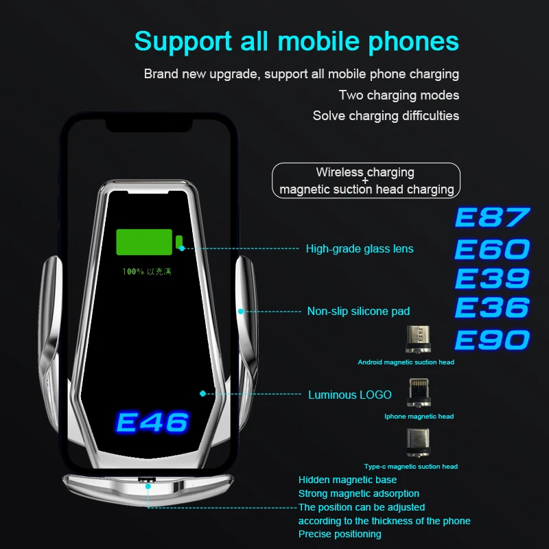 

Smart Induction Wireless Charging Car Phone Holder Luminous For BMW E30 E34 E36 E39 E46 E60 E87 E90 F10 Accessories