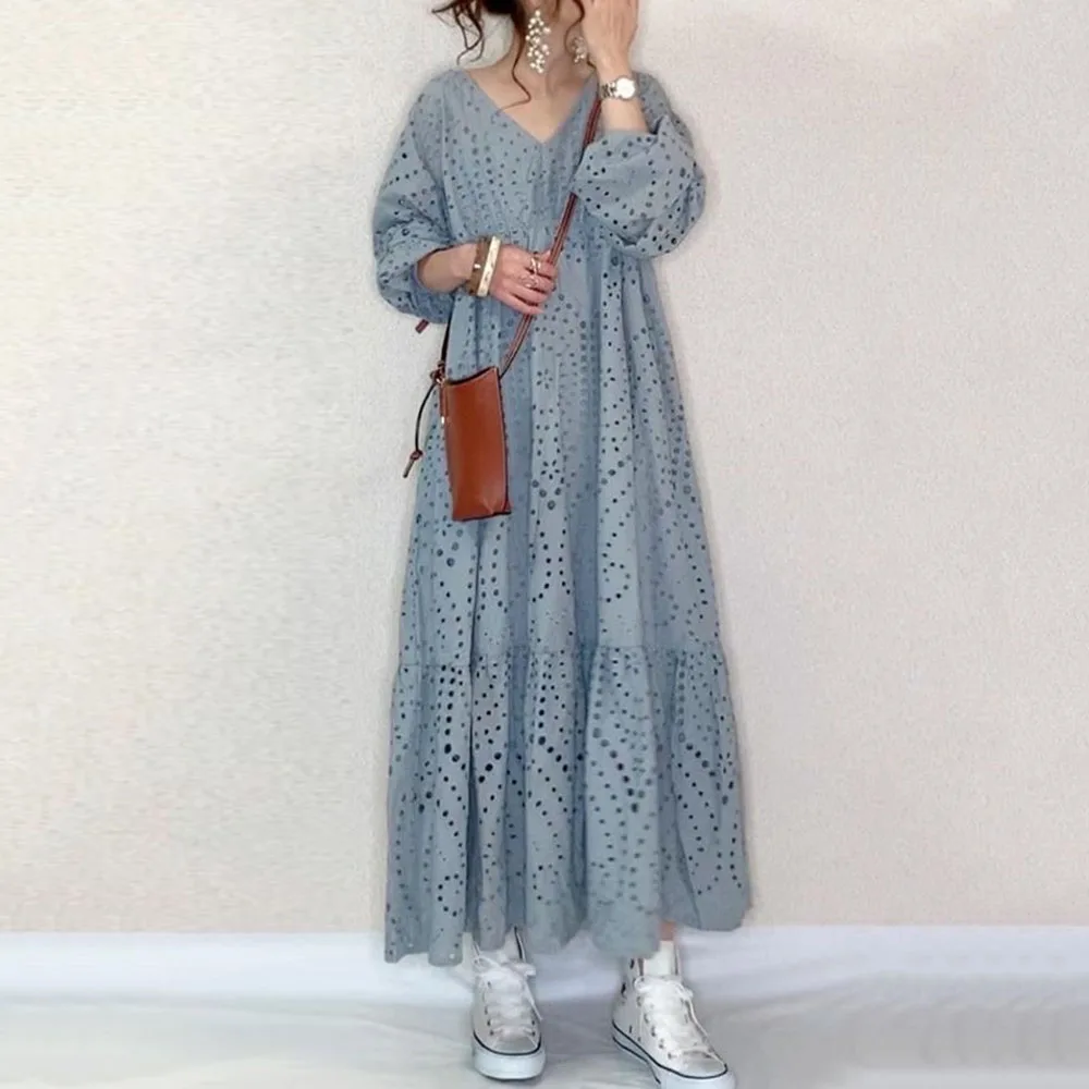 

Long Dress Women Japan Korean Fashion Blue Lace Casual Oversize A Line V Neck Drapped 2022 Office Lady Maxi Dresses Summer