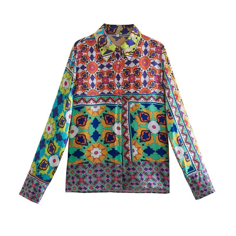 

2022 Spring Women Fashion Printed Shirt Vintage Long Sleeve Single-breasted Lapel Female Shirt Chic Top XX8709