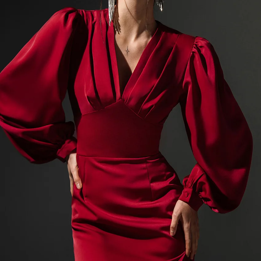 

Spring French Fishtail Dress Bubble Sleeve Summer Dress for Women 2023 High End Satin Holiday Ladies Dress Temperament Dress