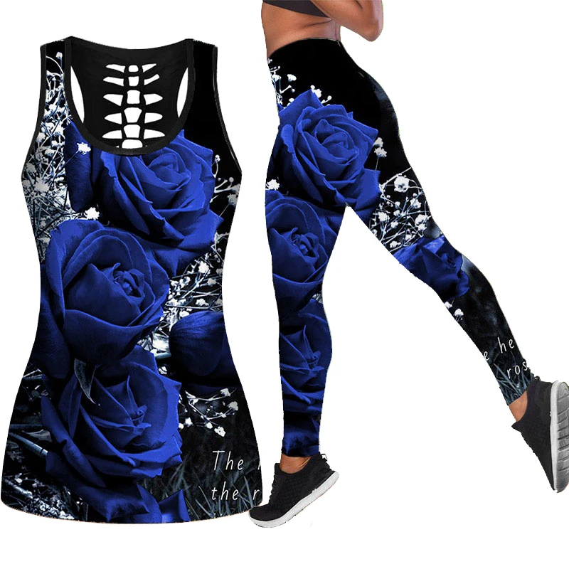 

White Tiger and Rose Flower Yoga 3D Printed Hollow Tank Top Workout Yoga Leggings Pants Fitness Sports Gym Running Yoga Set