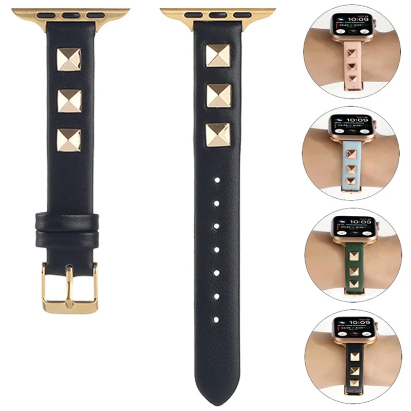 

Тонкий кожаный ремешок с заклепками для Apple Watch Band Series 8 7 41 мм 45 мм 6 SE 5 4 3 40 44 мм 38/42 мм, браслет для iWatch Ultra 49 мм