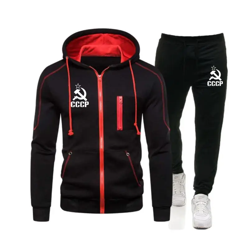 CCCP USSR Sets Tracksuit Men's Spring Winter Running Hooded Sweatshirt Workout Set Sportswear 2023 Male Suit Sport Two Piece Set