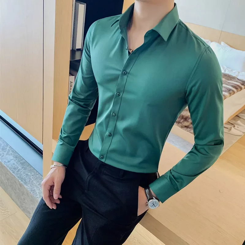 

High Quality New Solid Dress Shirt Men Long Sleeve Fashion Slim Male Social Casual Business Shirt Black White Green Dress Shirt