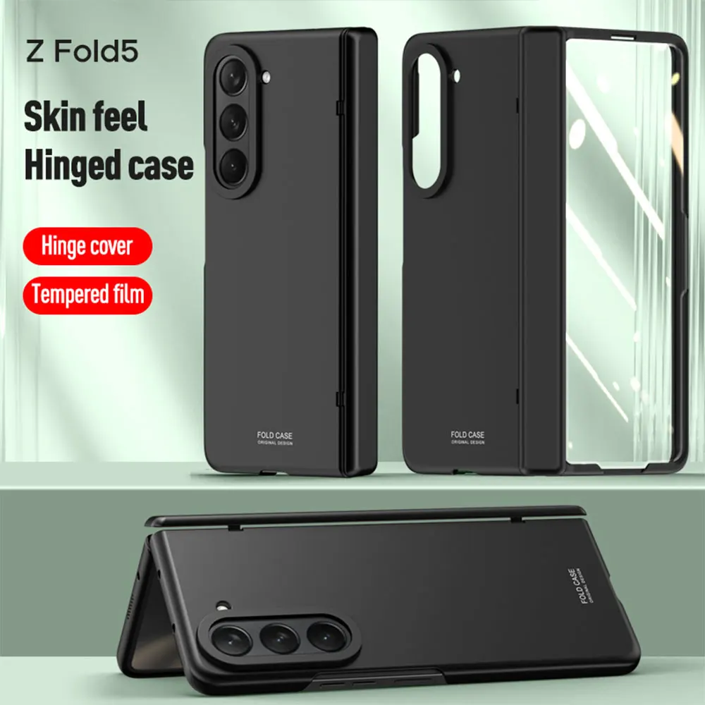 

Spring Hinge Solid Color Phone Case For Samsung Galaxy Z Fold 5 Skin Friendly All-inclusive Anti-fall Shell With Tempered Film