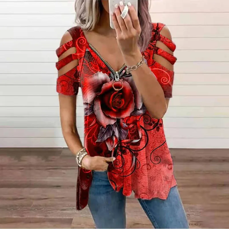 

Y2k Oversized T-shirt Women 2022 Fashion Harajuku Floral Print Tees Casual Zipped V-Neck Sexy Short Sleeve Top Female Clothing