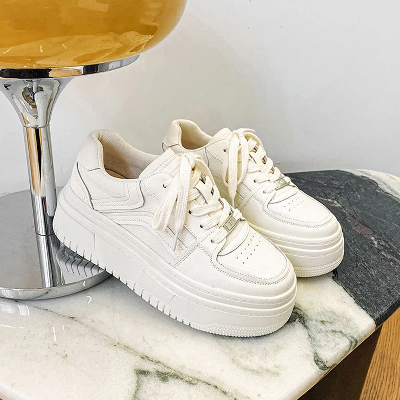 Casual Sneakers Women Splite Leather Patchwork Mixed Colors Lace-Up Round Toe 5cm Platform Shoes Lady Flats Off-white Sports