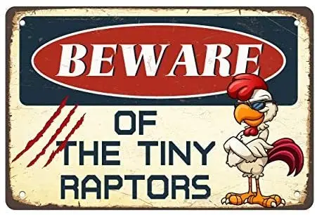 

Asoodoo Retro Funny Chicken Coop Metal Tin Sign Beware of Tiny Raptors - Hen House, Farm, Pasture, Home, Kitchen, O