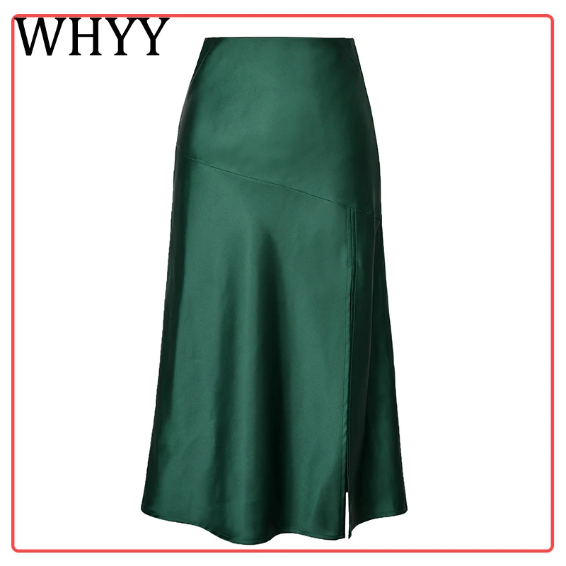 

WHYY Summer Green Women Silk Satin Skirt with Side Slit Elagant Sexy Tight Skirt Female Folds High Waist Wrap Pencil Skirts