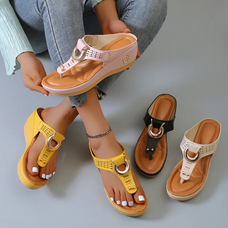 

Women Wedge Slipper Beach Decor Decoration for Flip-Flop Faux Leather Vintage Gladiator Sandals Metal Heel Slip-On Roman Sandals