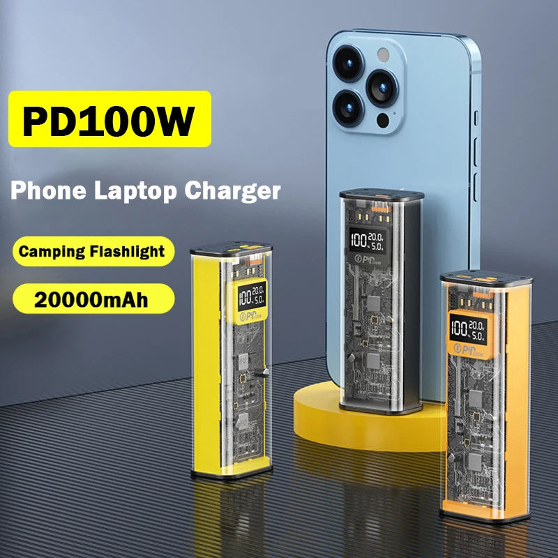

100W Power Bank 20000mAh Transparent Powerbank USB Type C PD/QC/AFC/FC Super Fast Charge Phone Laptop Portable Battery Charger