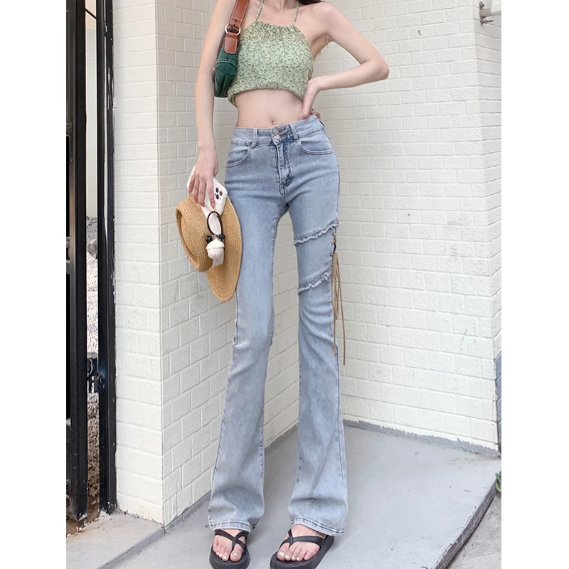 

Spring Blue Vintage Micro Flared Jeans Fashion Thin High Waist Baggy Wide Leg Pants High Street Straight Denim Trouser Ladies