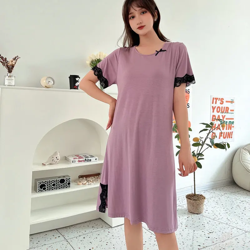 Modal Sleeping Nightshirt Women Spring Summer Nightgowns New Large Size Lace Night Dress Casual Loose Female Nightwear Dresses