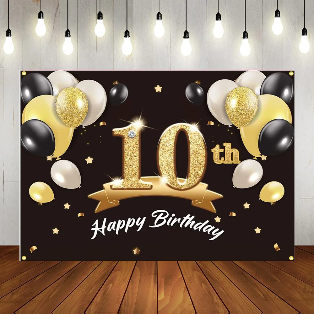 

Happy 10th Birthday Party Boys Girls Backdrop Banner Black Gold Moon Stars Balloons Years Anniversary Suppiles Background Poster